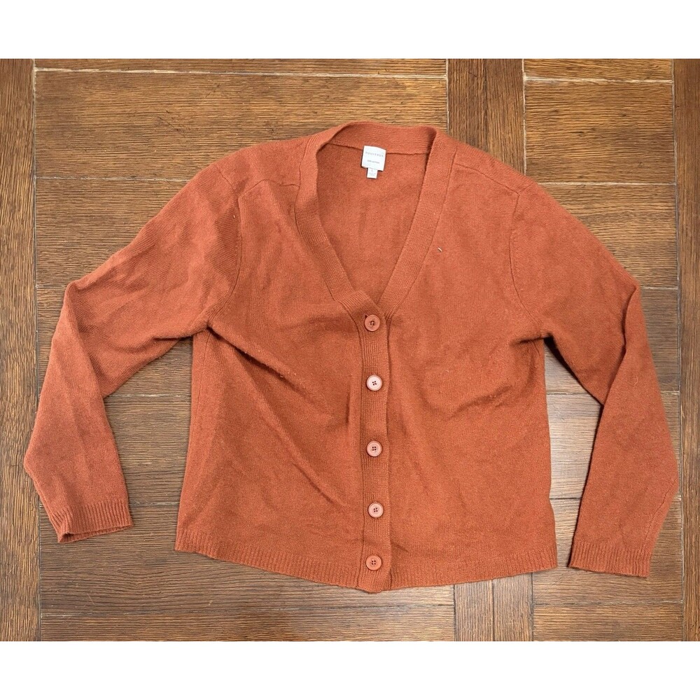Nouveaux 100% Cashmere Sweater Womens Large V-neck Cardigan Button Up Orange